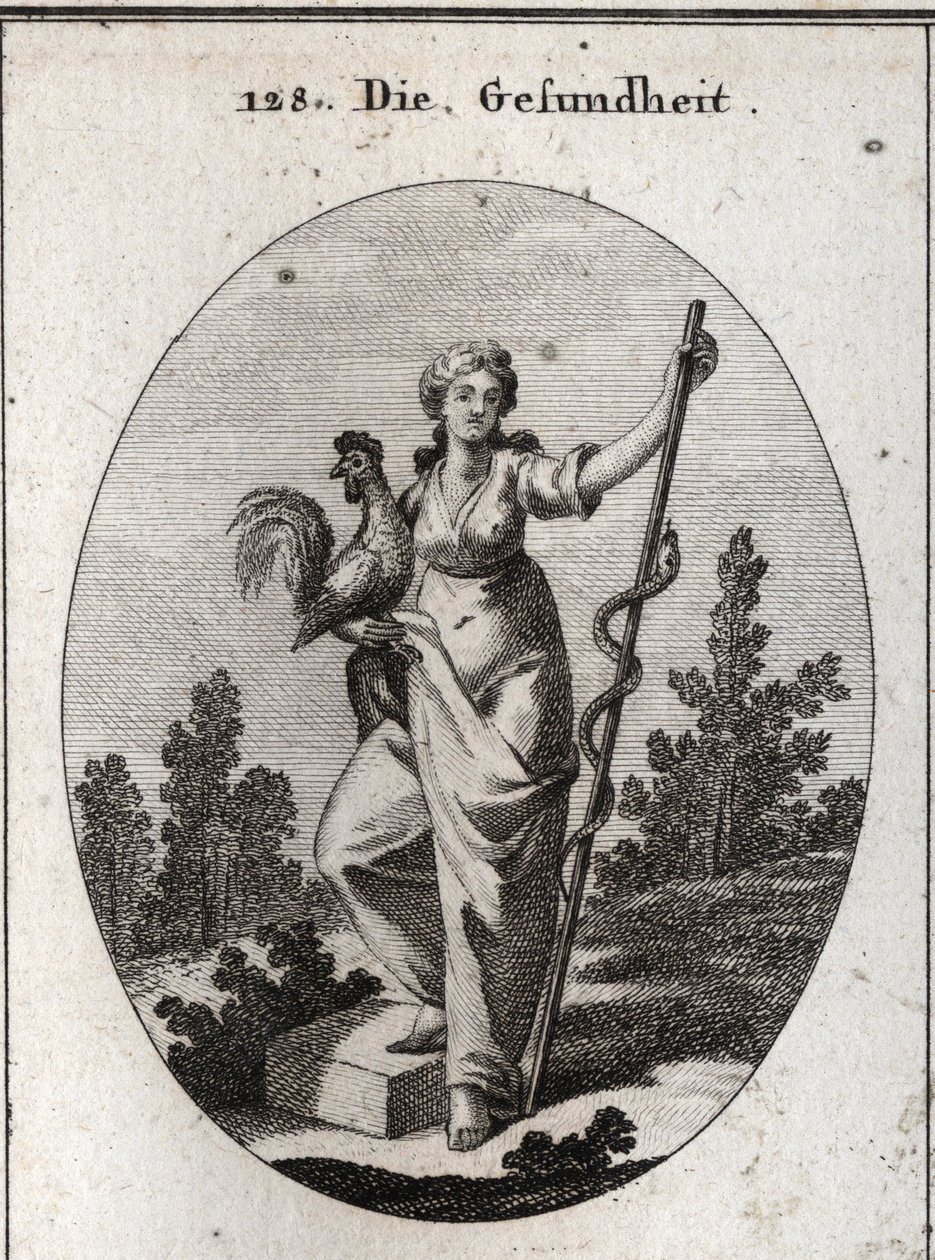 Allégorie de la santé représentée par une femme forte tenant un coq, animal consacré à Esculape, dieu de la médecine. Elle tient un bâton autour duquel est enroulé un serpent (décidu), animal le moins sujet aux maladies. Gravure dans « Iconologie oder Idee - Austrian School