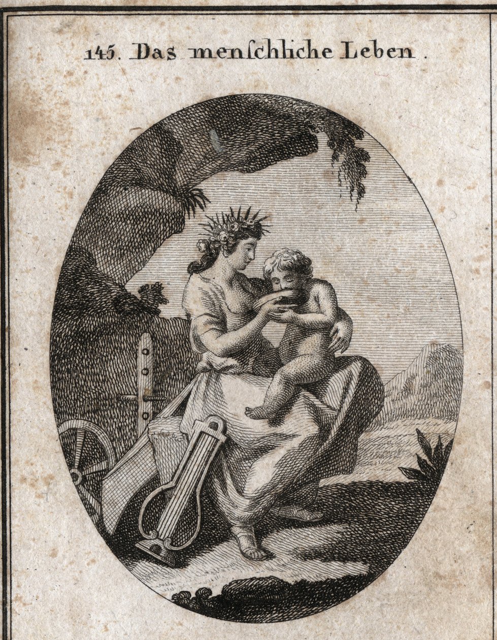 Allégorie de la vie humaine. La lyre et la charrue symbolisent le plaisir et le travail. Elle donne à boire à un enfant, essentiel pour vivre. Gravure dans « Iconologie oder Ideen aus dem Gebiete der Leidenschaften und Allegorien ». - Austrian School