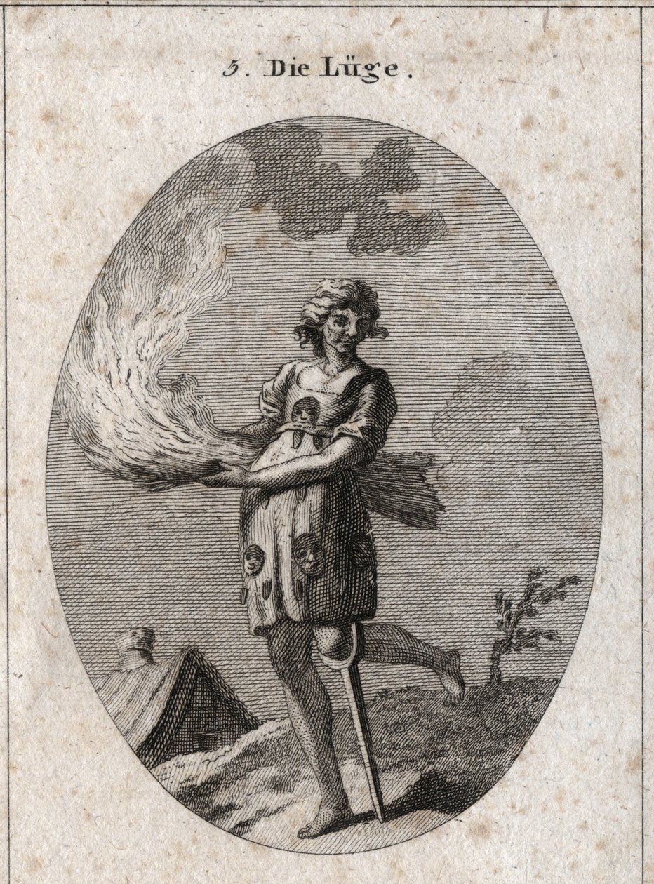Allégorie du mensonge représentée laide, avec de mauvais cheveux et de mauvais vêtements. Ses vêtements sont remplis de langues et de masques. La paille brûlante illustre le manque de subsistance de ses paroles et la jambe de bois, la faible solidité. Grav - Austrian School