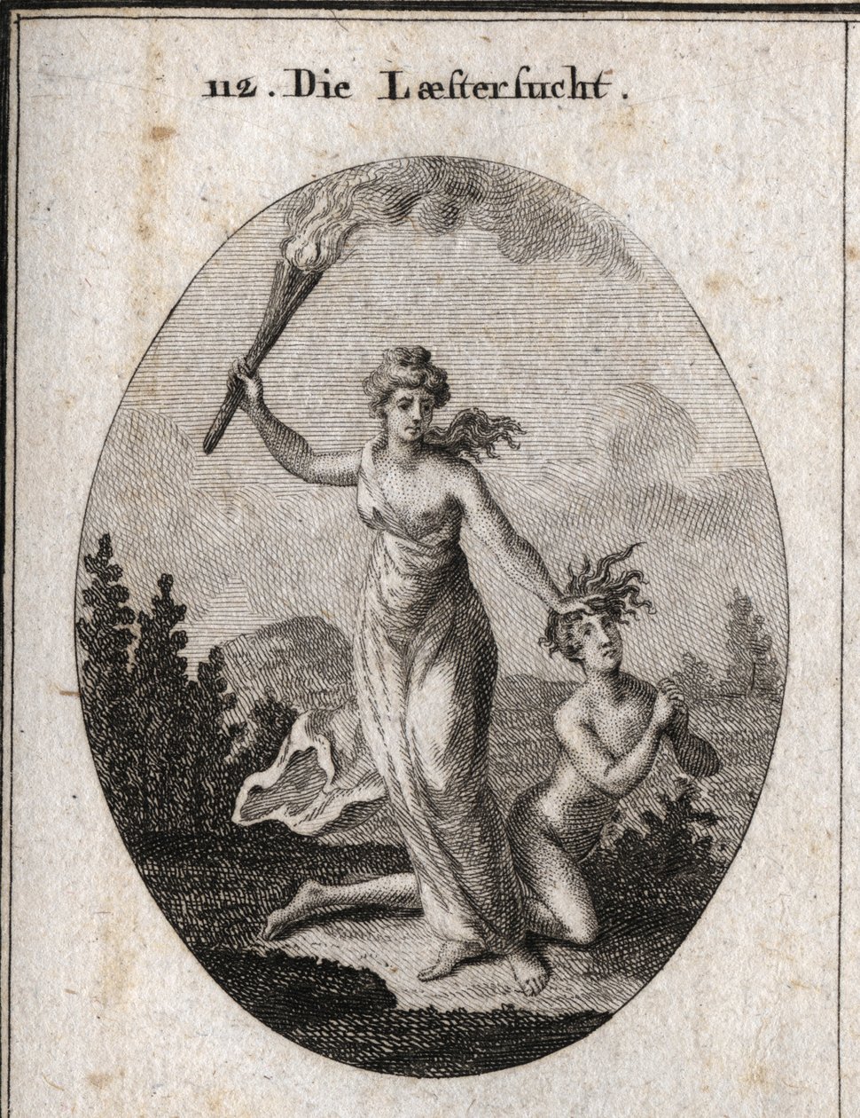 Allégorie de la calomnie tenant une torche allumée et traînant impitoyablement un adolescent nu qui joint les mains et regarde le ciel. Gravure dans « Iconologie oder Ideen aus dem Gebiete der Leidenschaften und Allegorien bildich dargestellt für Zeichner, - Austrian School