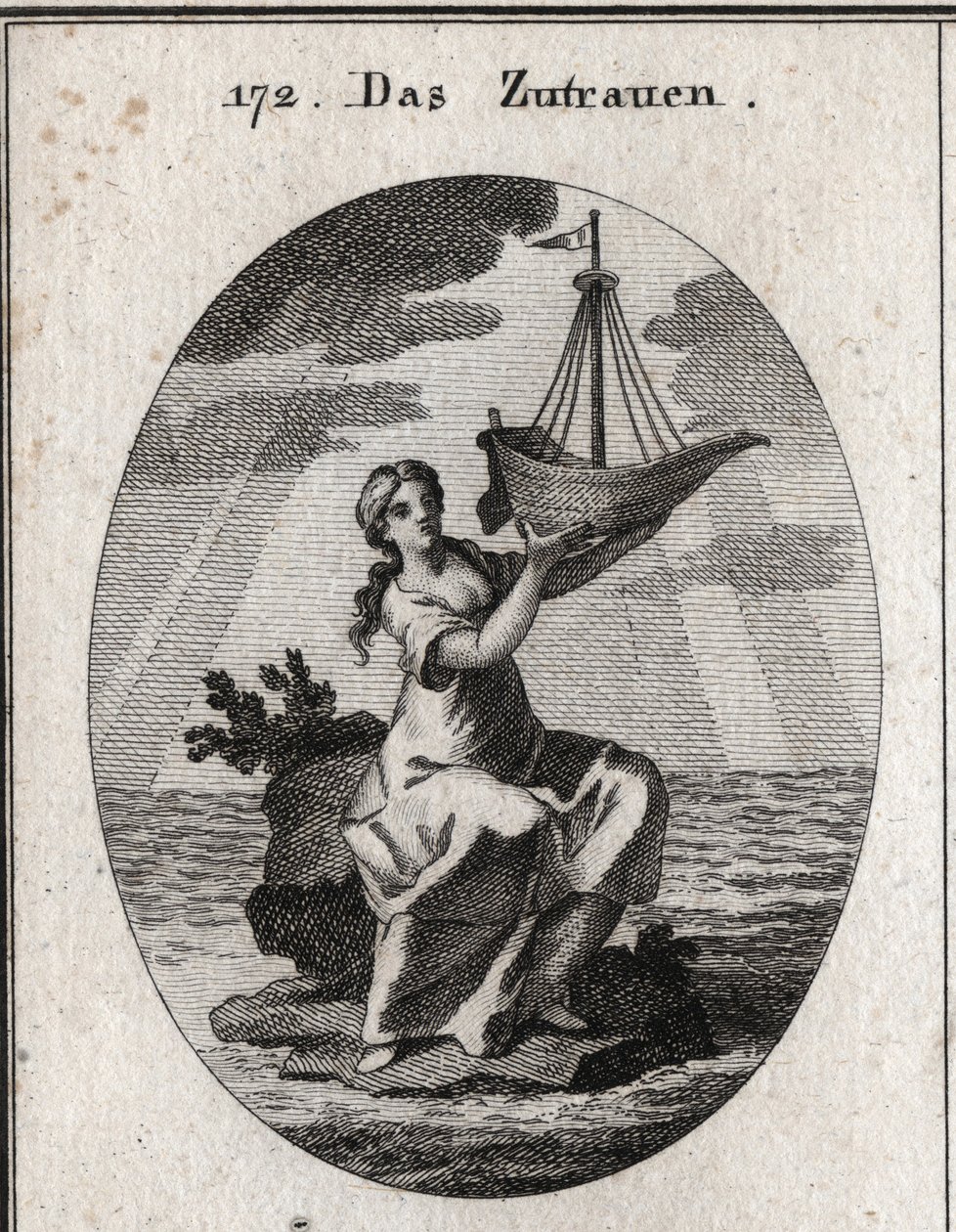 Allégorie de la confiance représentée par une femme assise sur une place au milieu de la mer et tenant dans sa main un navire qu