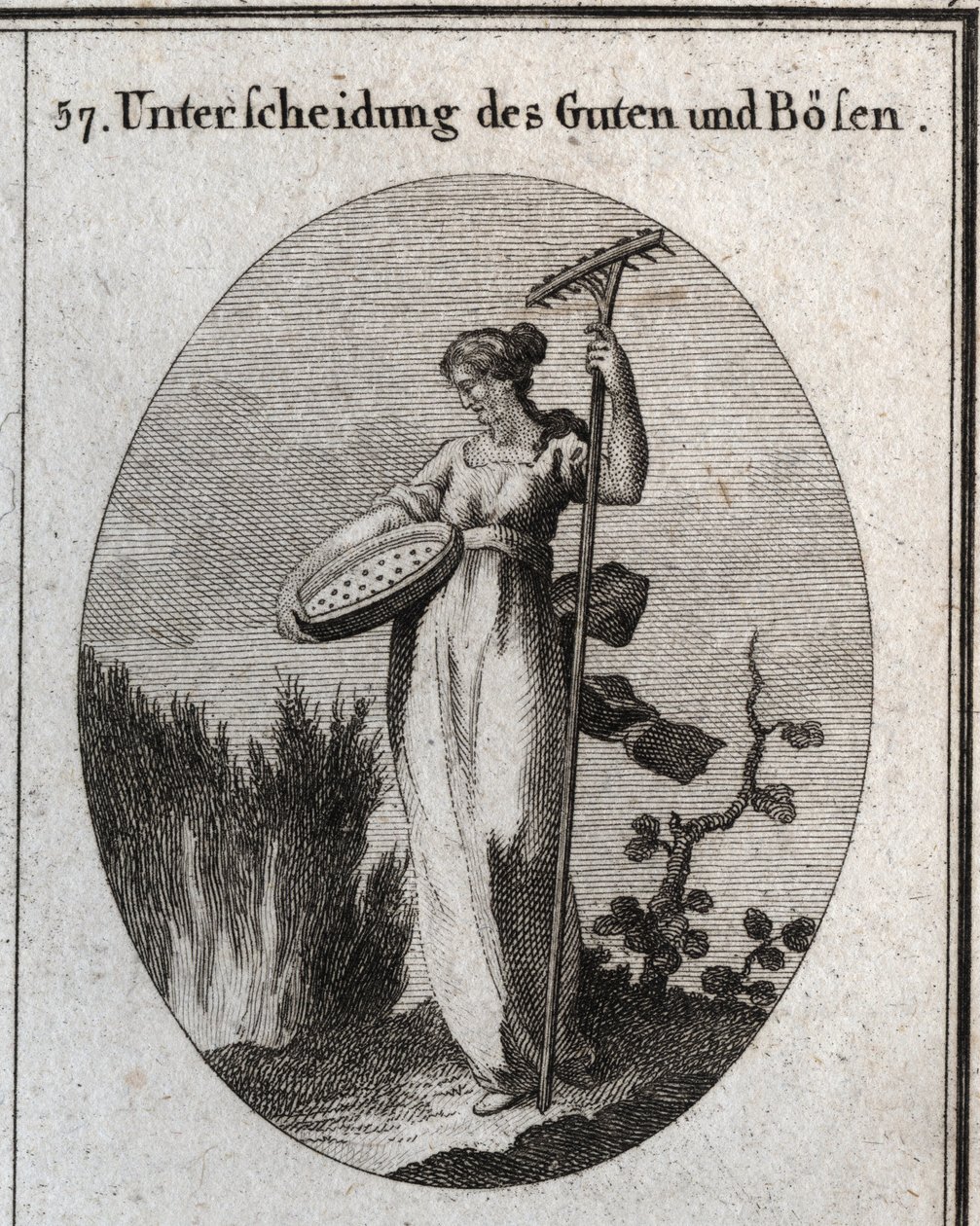 Allégorie de la distinction entre le bien et le mal. Le tamis sépare le bon grain de l