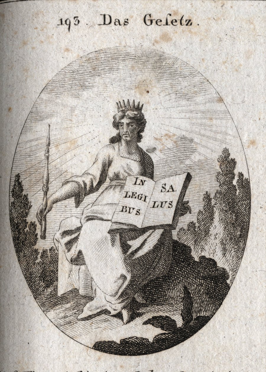 Allégorie de la loi. Son diadème rayonnant marque son origine divine. Le sceptre dénote son autorité et le livre est ouvert ou inscrit "In Legibus Salus" signifie qu