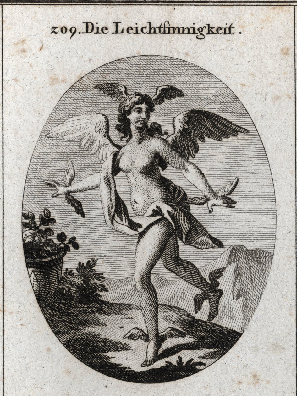 Allégorie de la lumière. Elle a des ailes sur la tête, les épaules, les pieds et les mains. Gravure dans « Iconologie oder Ideen aus dem Gebiete der Leidenschaften und Allegorien bildich dargestellt fur Zeichner, Mahler, Dichter, Gelehrte, Erzieher und fre - Austrian School