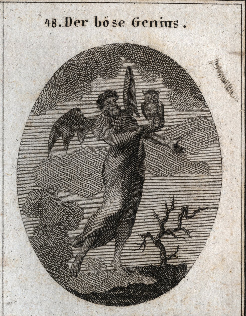 Allégorie du génie opposé représenté par un mauvais génie avec des ailes de chauve-souris et tenant une chouette, oiseau de mauvais augure. Gravure dans « Iconologie oder Ideen aus dem Gebiete der Leidenschaften und Allegorien bildich dargestellt für Zeich - Austrian School