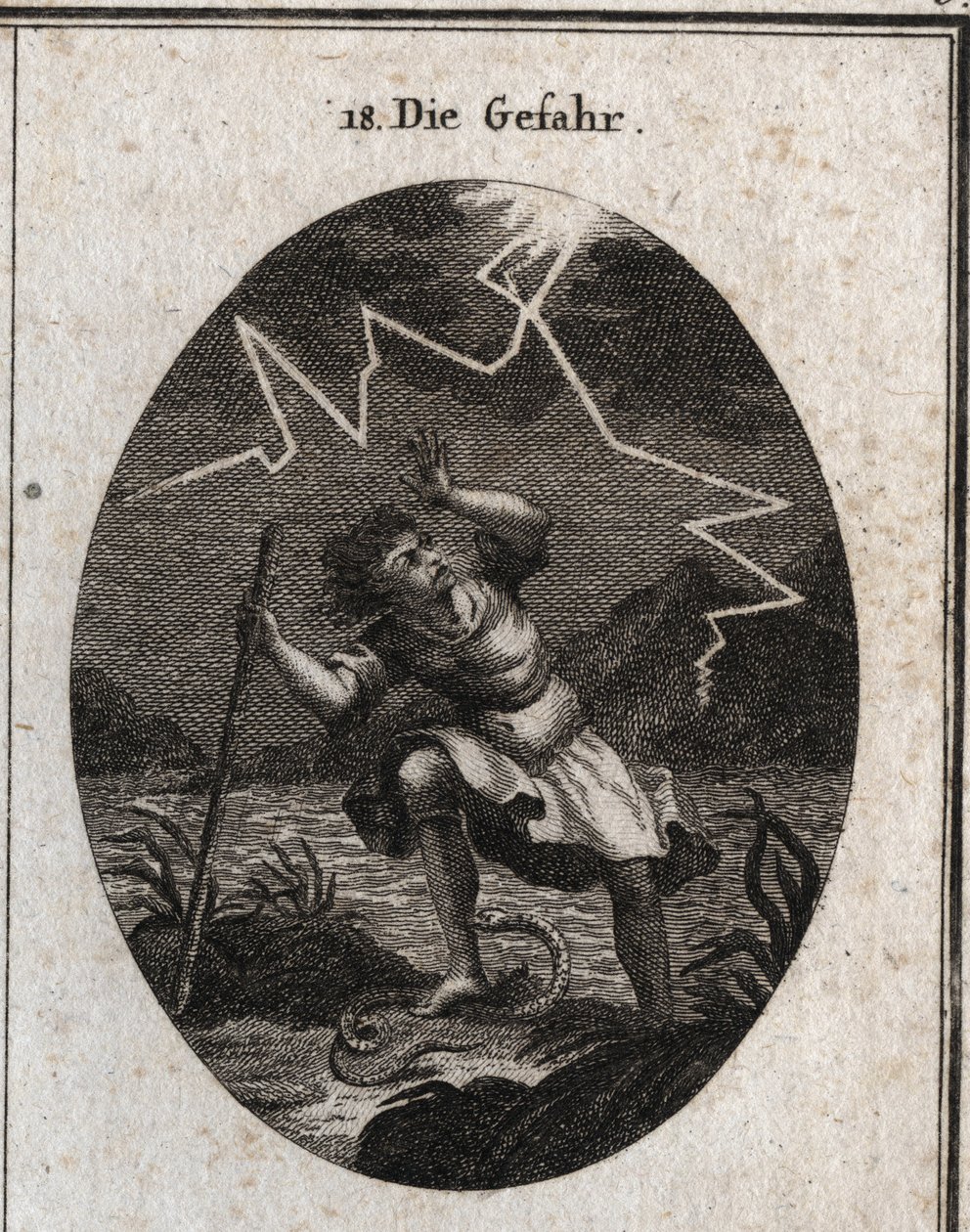 Allégorie du péril représentée par un jeune homme qui échappe à un courant rapide en posant le pied sur un serpent qui le pique et en même temps un éclair frappe derrière lui. Gravure dans « Iconologie oder Ideen aus dem Gebiete der Leidenschaften und Alle - Austrian School
