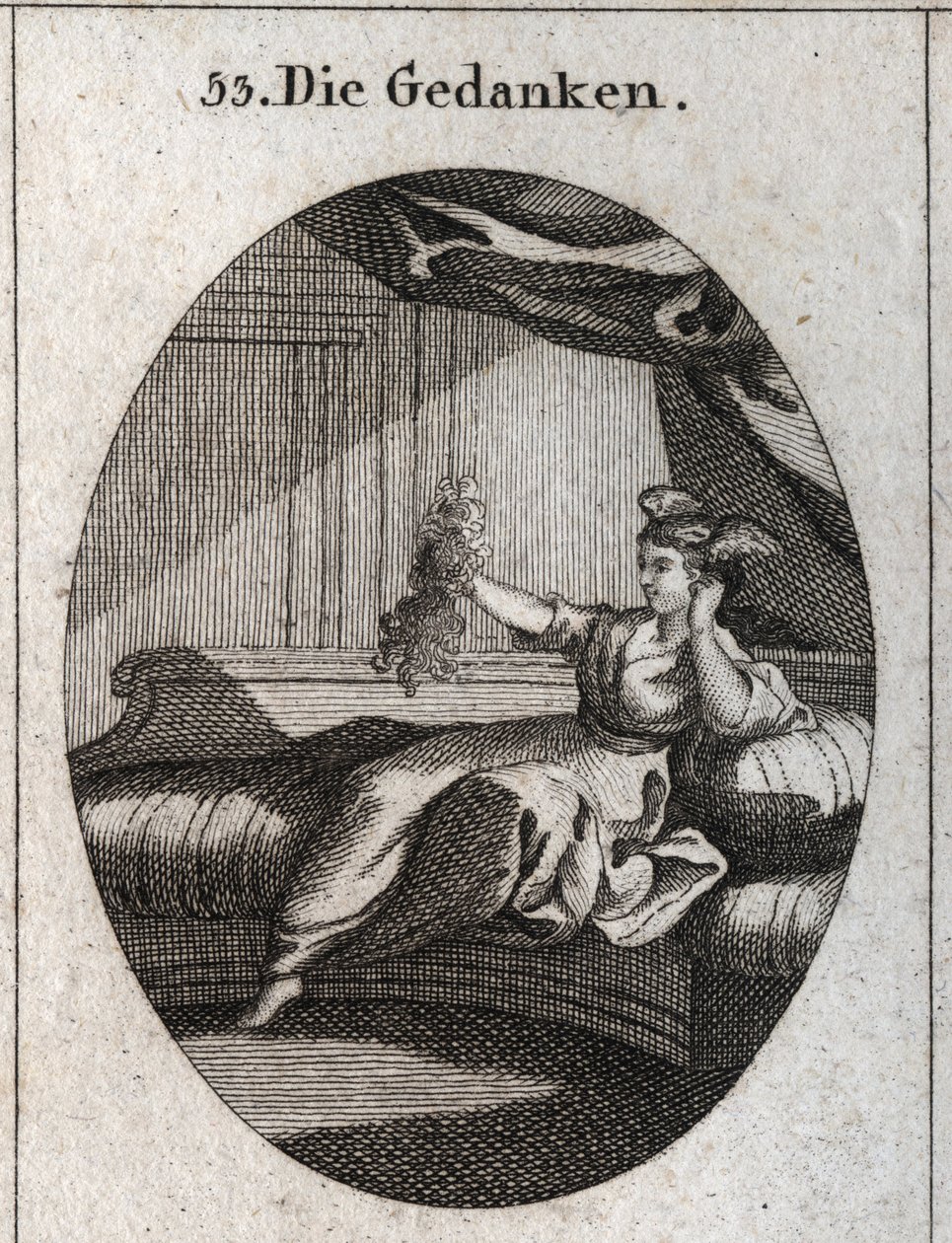 Allégorie des pensées représentée avec des ailes à la tête et tenant un bouquet de fils emmêlés image de l