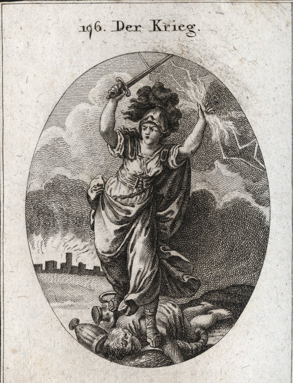 Allégorie de la guerre. Elle tient un éclair et une épée nue et brise sous ses pieds des vases en or et en argent et une statue du dieu Plutus symbolisée par une corne d