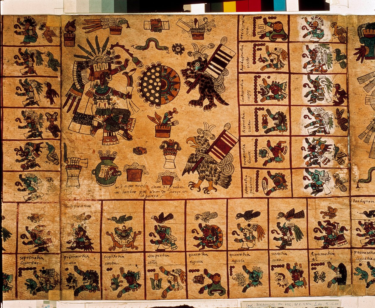 Représentation de divinités aztèques et cases correspondant au calendrier. Page du manuscrit aztèque sur écorce « Codex Borbonicus », codex indigène précolombien du centre du Mexique, fin du XVe siècle. Bibliothèque de l