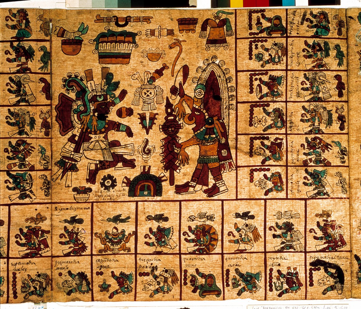 Représentation de divinités aztèques et cases correspondant au calendrier. Page du manuscrit aztèque sur écorce « Codex Borbonicus », codex indigène précolombien du centre du Mexique, fin du XVe siècle. Bibliothèque de l