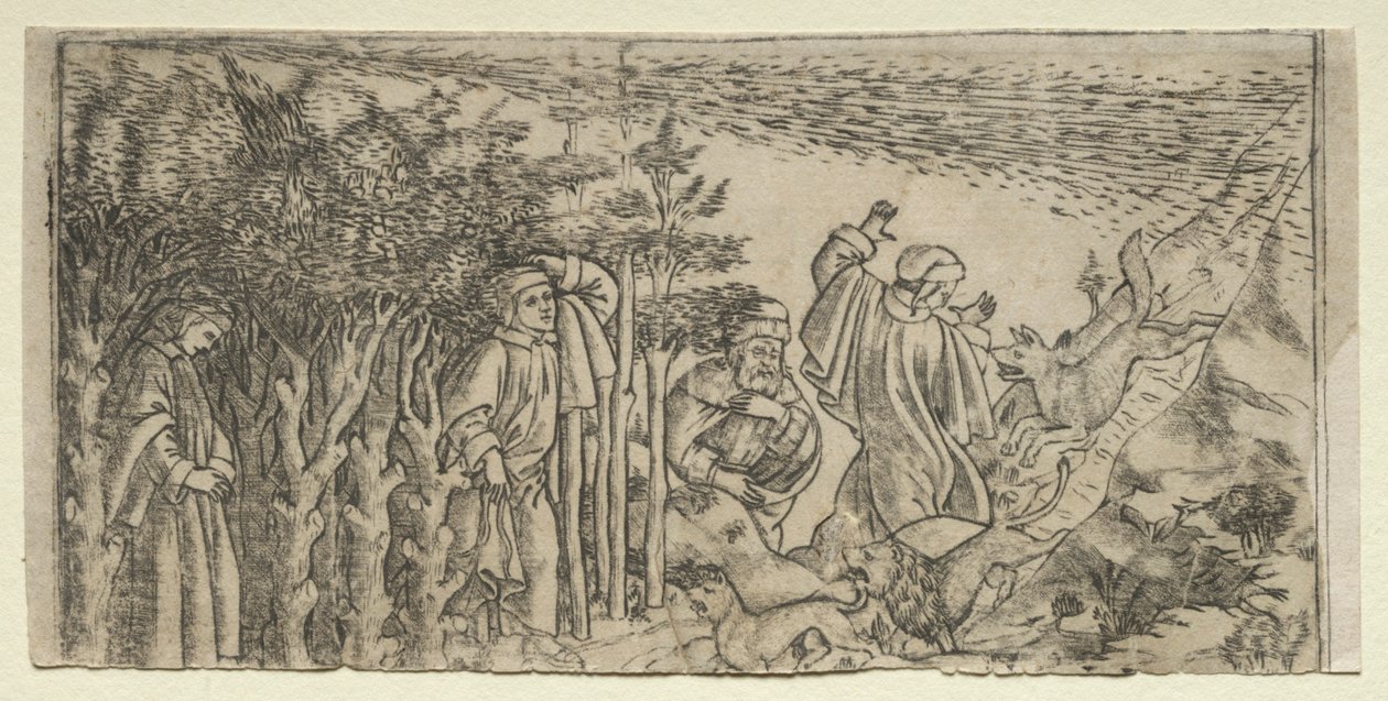 Dante perdu dans la forêt : Échappant et rencontrant Virgile, Chant I, 1481 - Baccio Baldini
