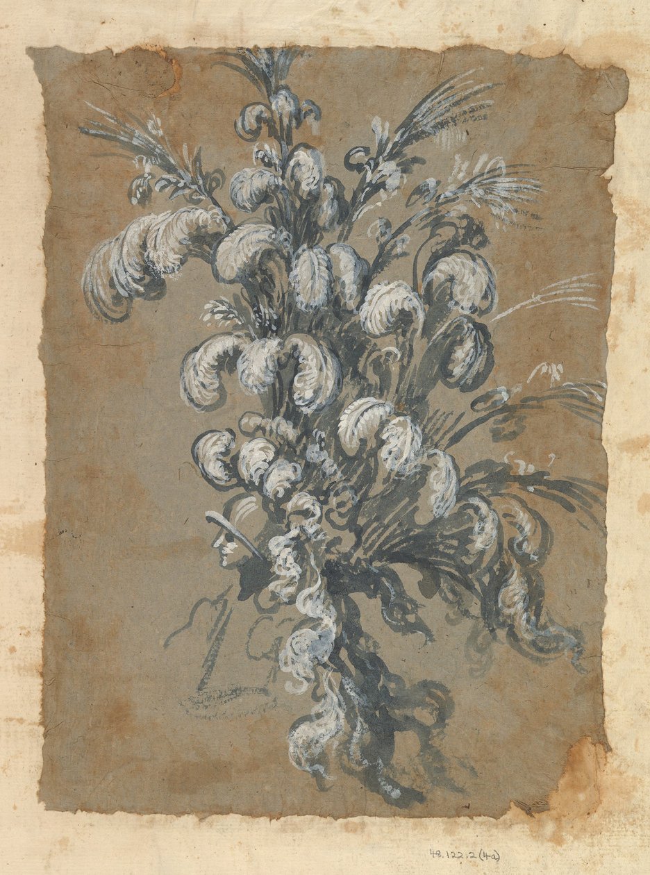 Conception pour une coiffe somptueuse avec des plumes sur un casque, vers 1620-1656 - Baccio del Bianco