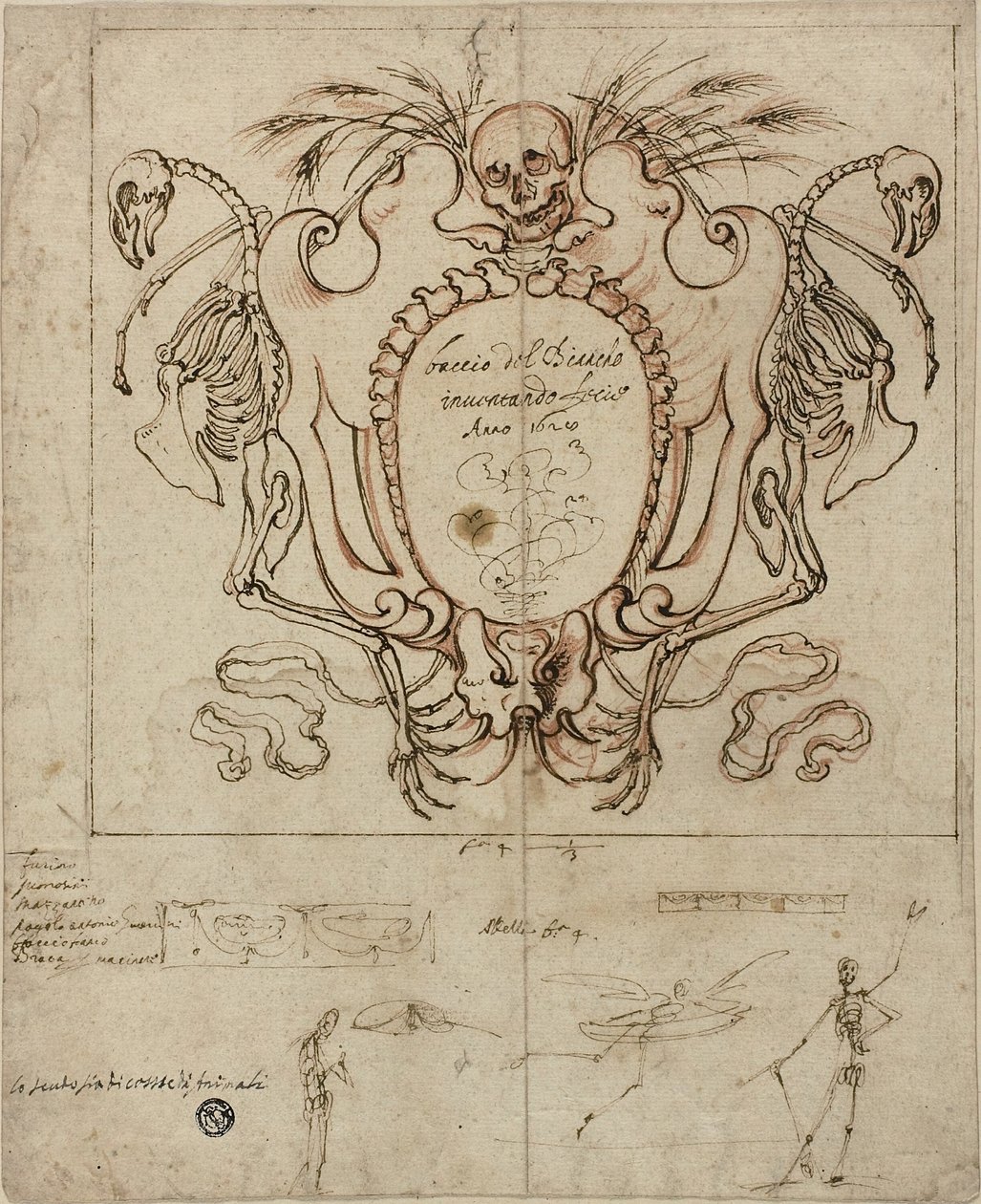 Cartouche funéraire avec inscription et croquis de squelettes et détails ornementaux - Baccio del Bianco