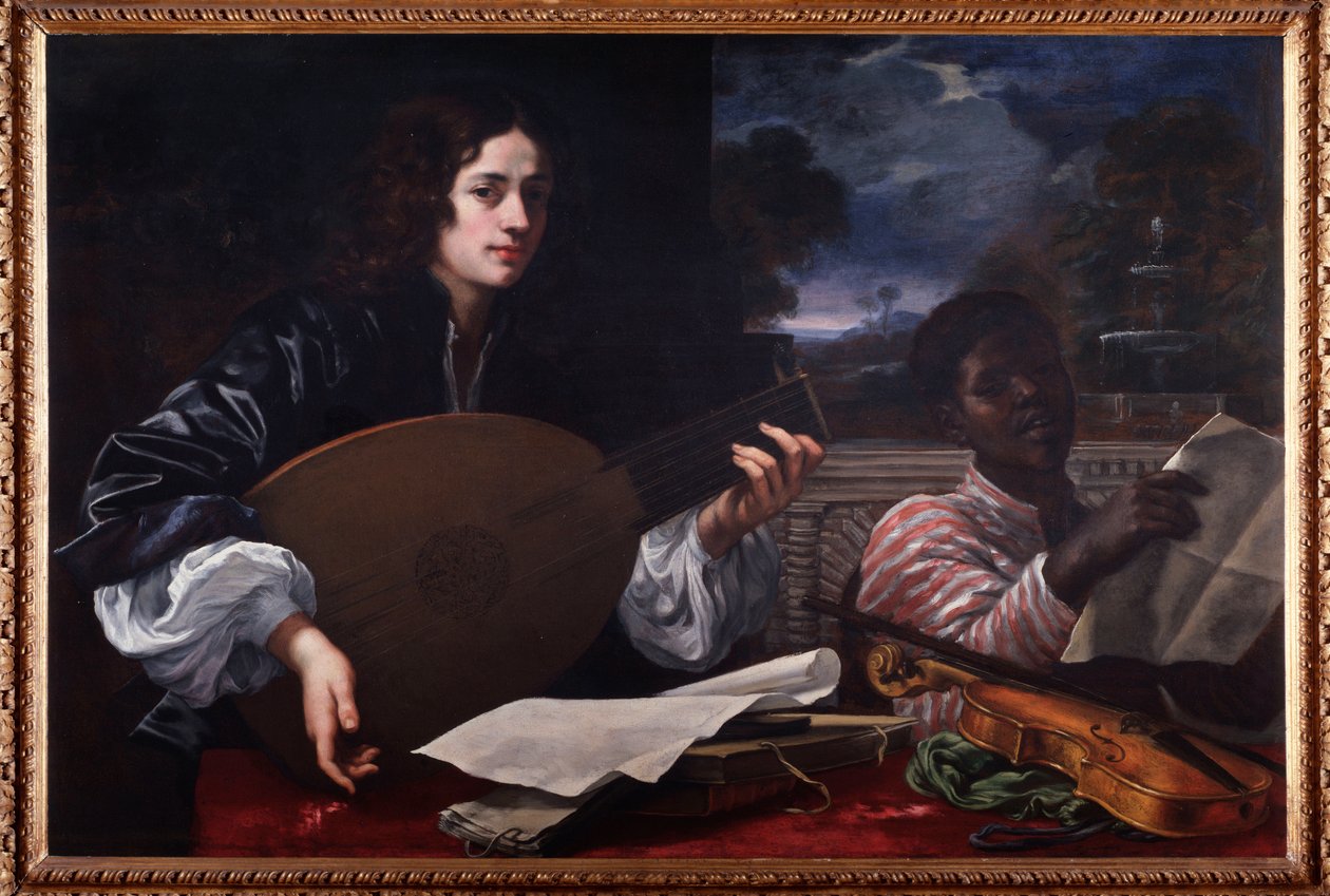 Portrait de joueur de luth avec chanteur noir, peinture de Baldassarre Franceschini dit Volterrano - Baldassare Franceschini