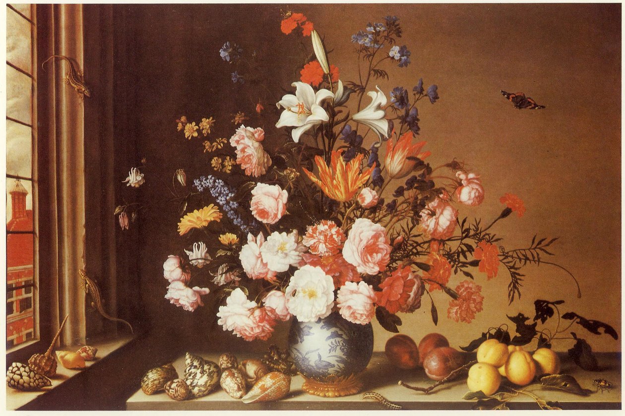 Intérieur avec grand bouquet, coquillages, fruits et lézards - Balthasar van der Ast