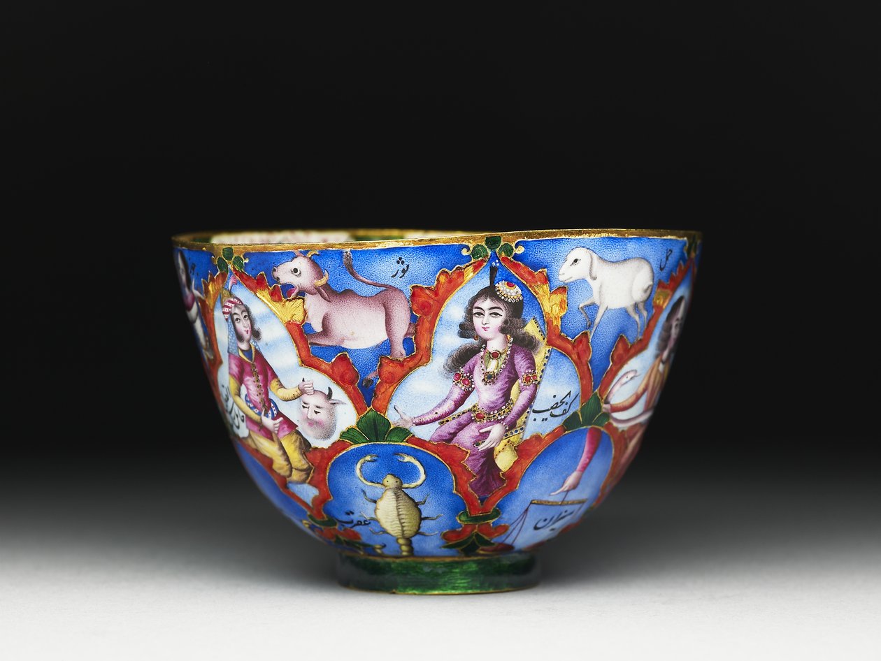Bol avec couvercle, soucoupe et cuillère avec décoration astrologique, début du 19e siècle - Baqir