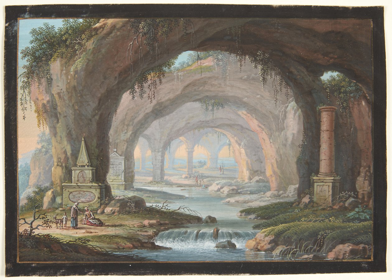 Paysage avec grottes percées, monuments funéraires, une rivière et des figures - Barbara Dietzsch