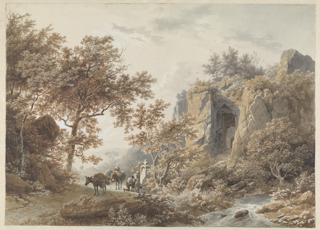 Dans un paysage rocheux, des paysans prient devant une chapelle - Barend Cornelis Koekkoek