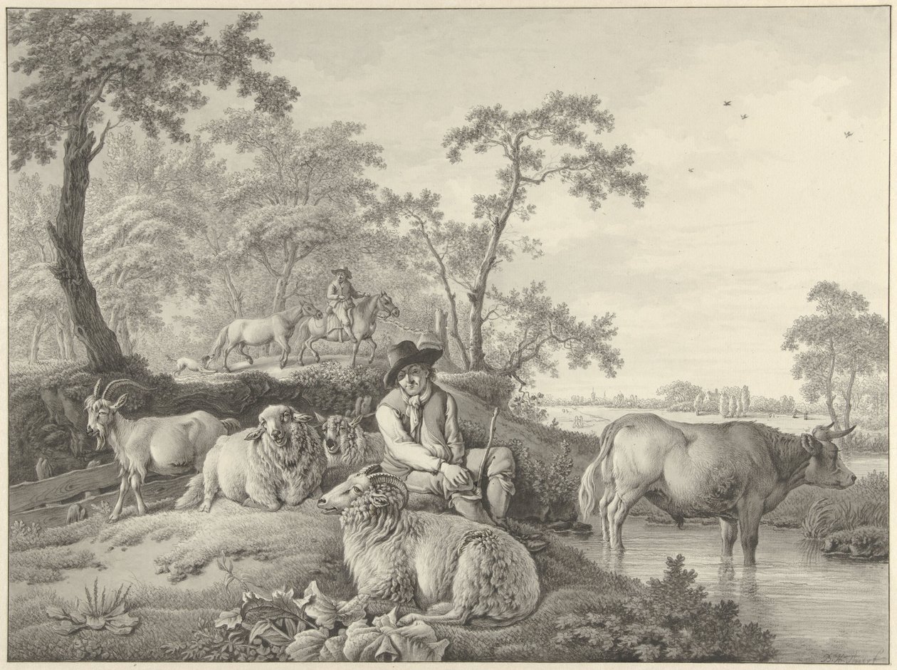 Berger avec moutons, une chèvre et un jeune taureau dans un paysage - Barend Hendrik Thier