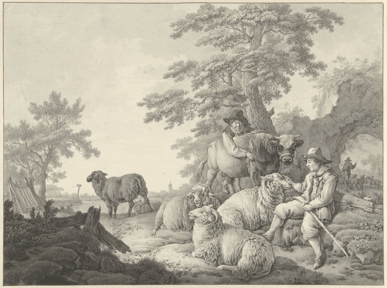 Berger avec moutons et un garçon avec un jeune taureau dans un paysage - Barend Hendrik Thier