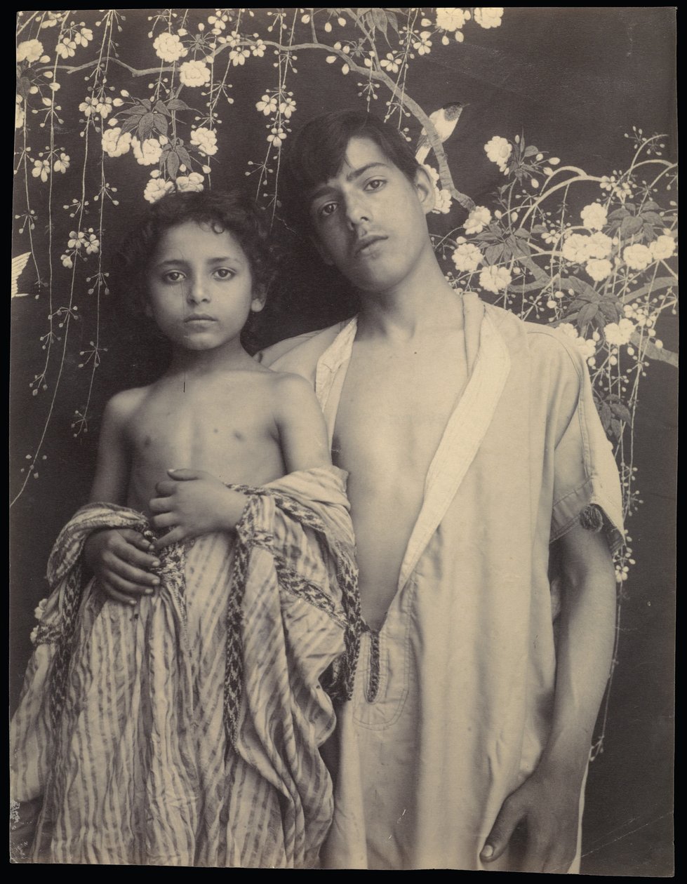 [Un garçon et une fille siciliens devant un tissu à motifs floraux] - Baron Wilhelm von Gloeden