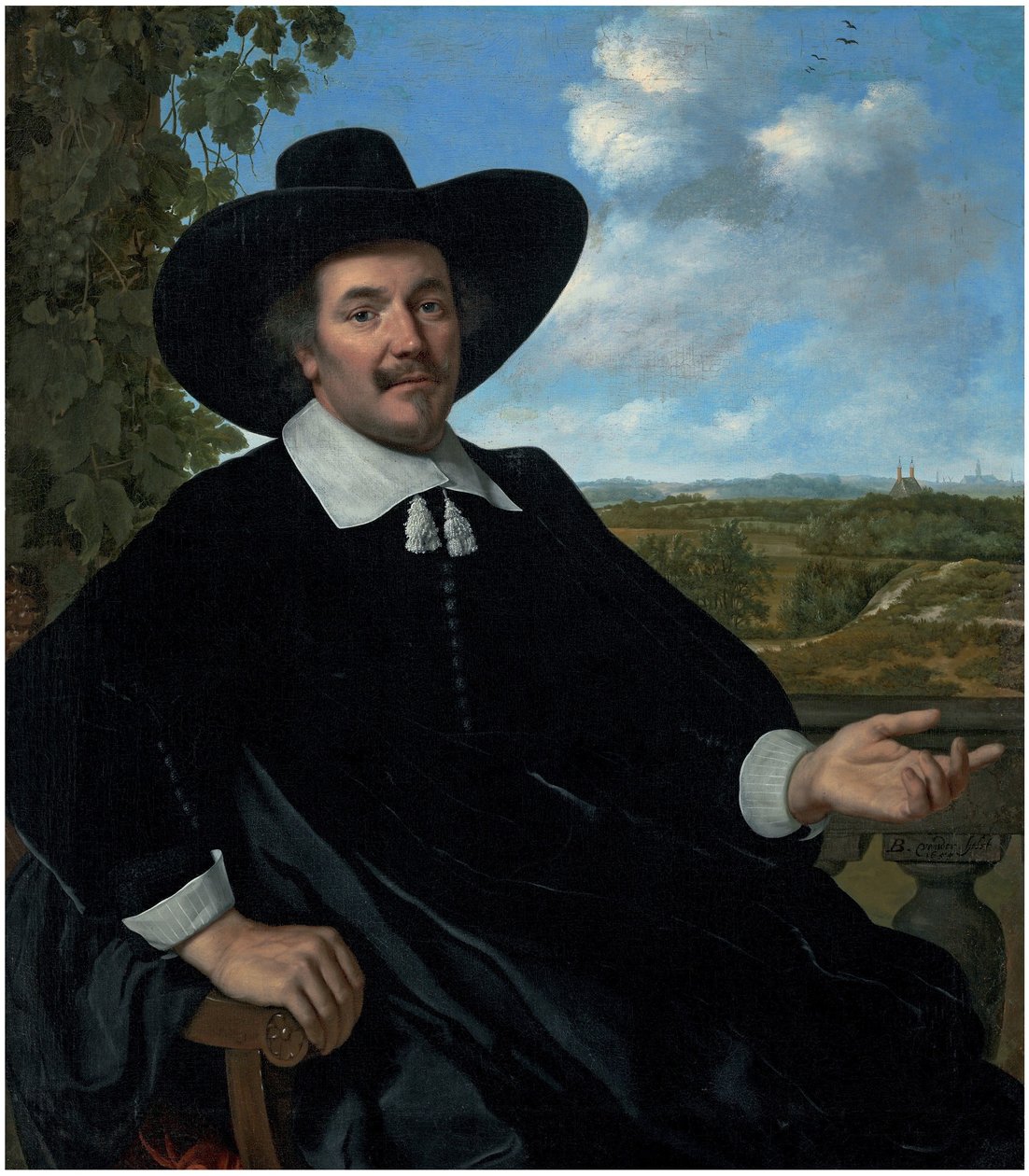 Portrait de Gabriel Marselis, de trois quarts, assis, devant une balustrade, un paysage avec une maison de campagne et une vue lointaine de Haarlem au-delà. - Bartholomeus van der Helst