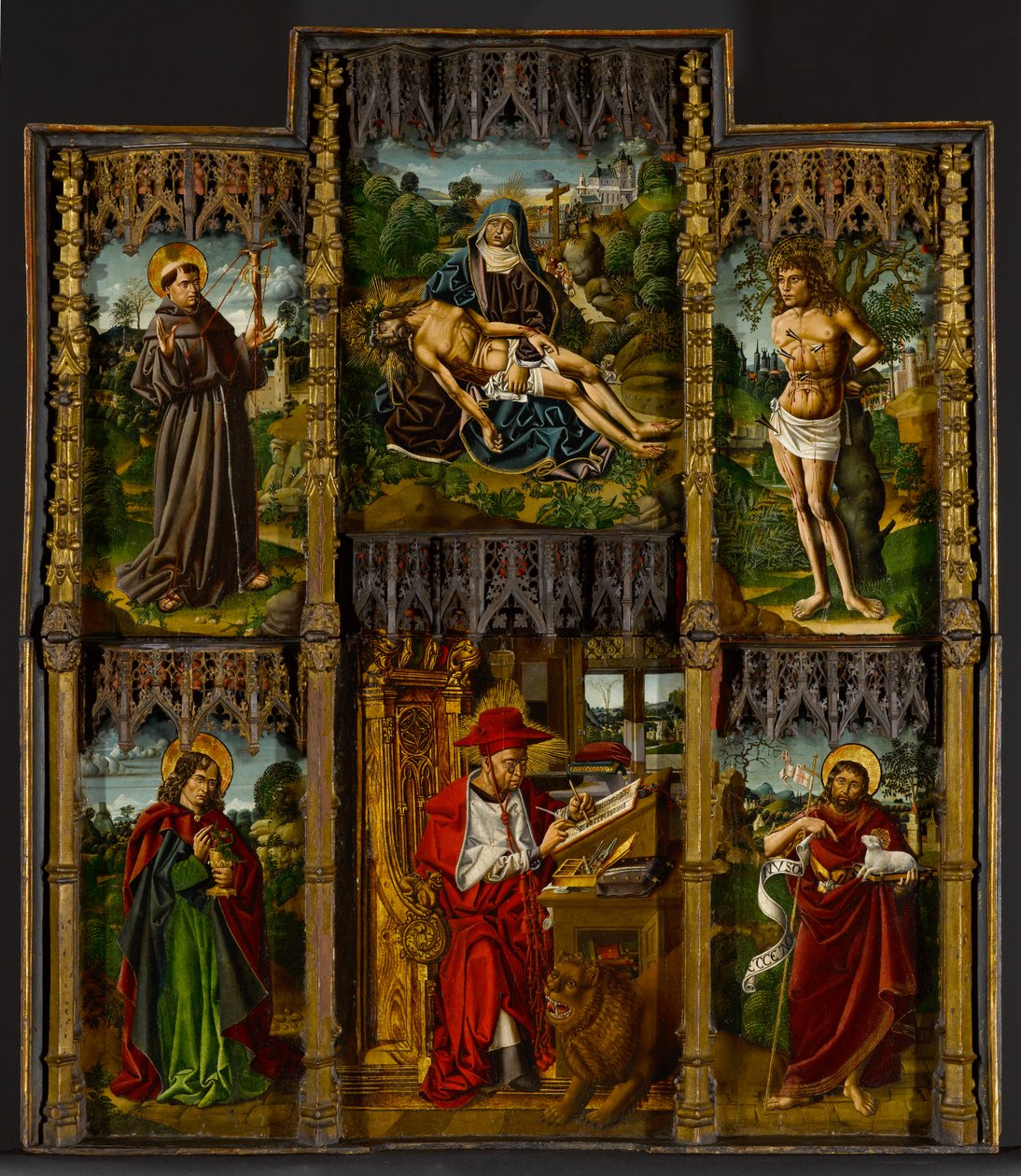Autel portatif : Pietà, Saints François, Sébastien, Jean l