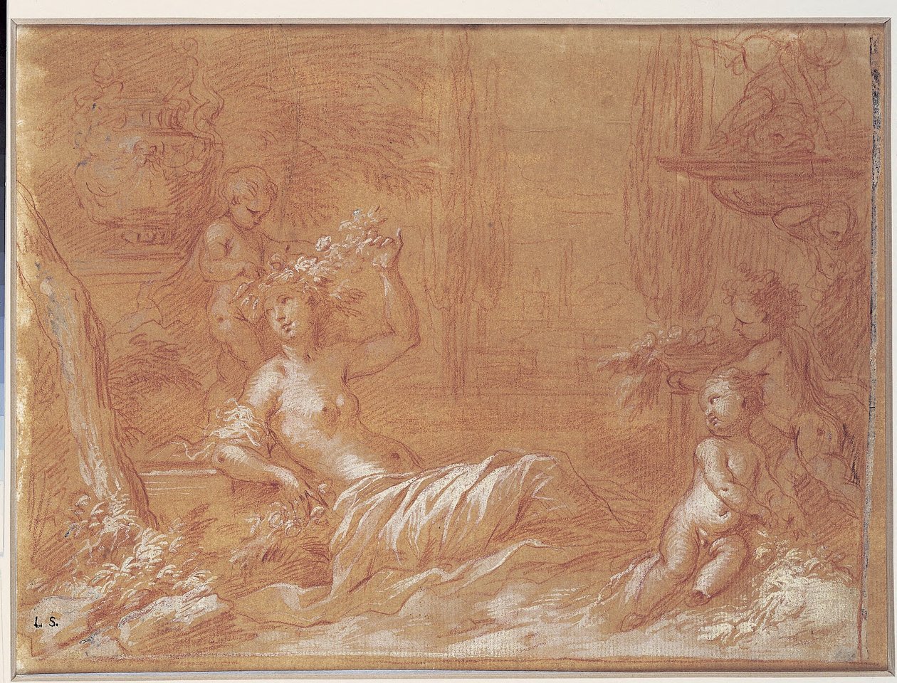 Nymphe allongée dans un jardin avec fontaine, vase et trois cupidons - Bartolomeo Biscaino