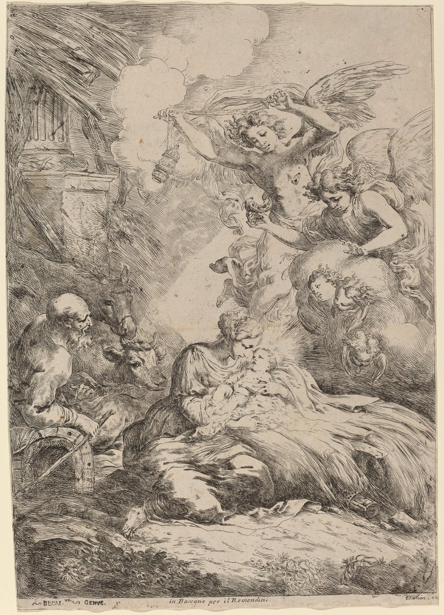 La Sainte Famille adorée par les anges (La Grande Nativité) - Bartolomeo Biscaino