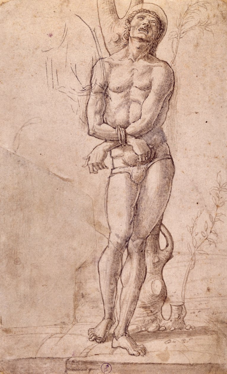 Saint Sébastien, vers 1475, dessin de Bartolomeo Montagna (vers 1450-1523), plume et encre brune, avec lavis brun, 20x15 cm, Italie - Bartolomeo Montagna
