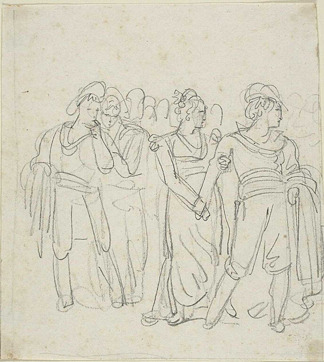 Chef de brigade retenu par une femme (recto) ; Esquisse de deux personnages dans un paysage (verso) - Bartolomeo Pinelli