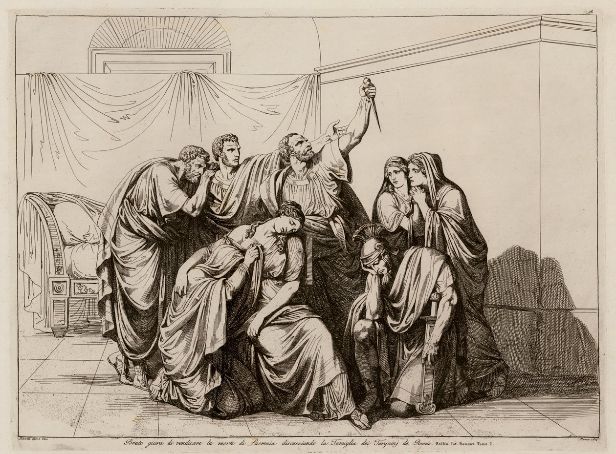 Brutus jurant de venger la mort de Lucrèce en bannissant les Tarquins de Rome (gravure) - Bartolomeo Pinelli