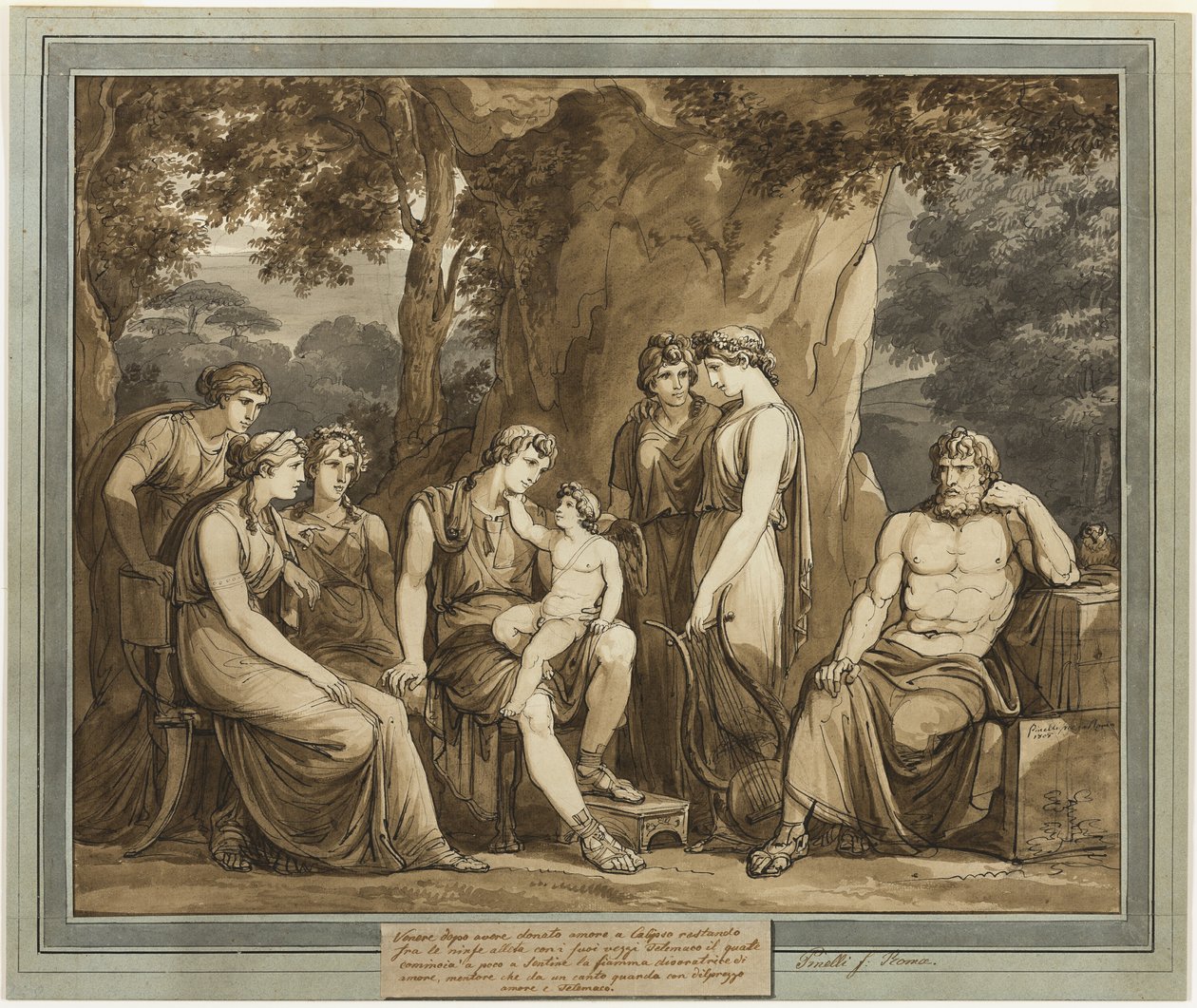 Calypso regarde Télémaque avec Cupidon sur ses genoux, tandis que Mentor regarde avec colère, du Livre 7 des Aventures de Télémaque - Bartolomeo Pinelli