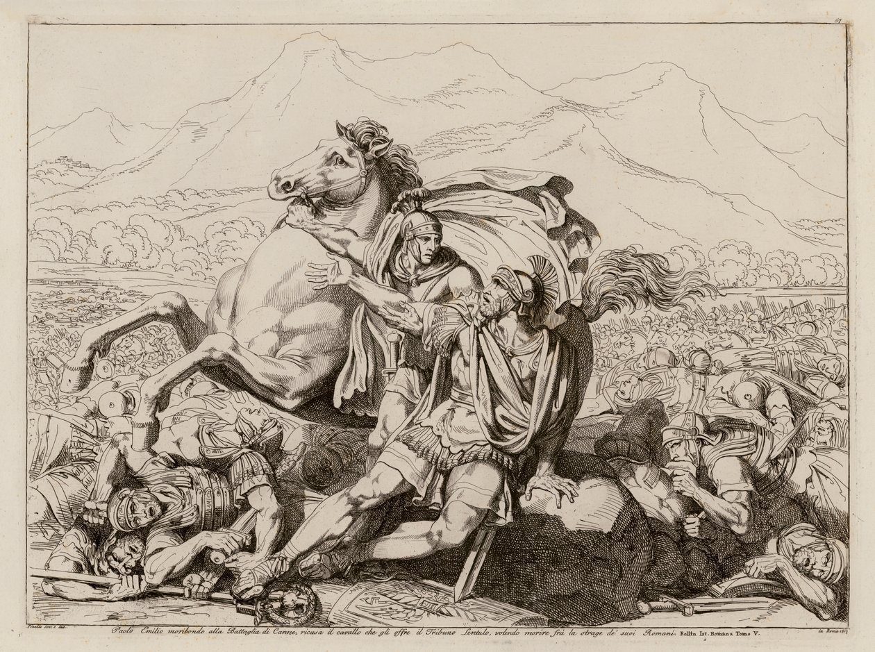 Mort de Lucius Aemilius Paullus à la bataille de Cannae, 216 av. J.-C. (gravure) - Bartolomeo Pinelli