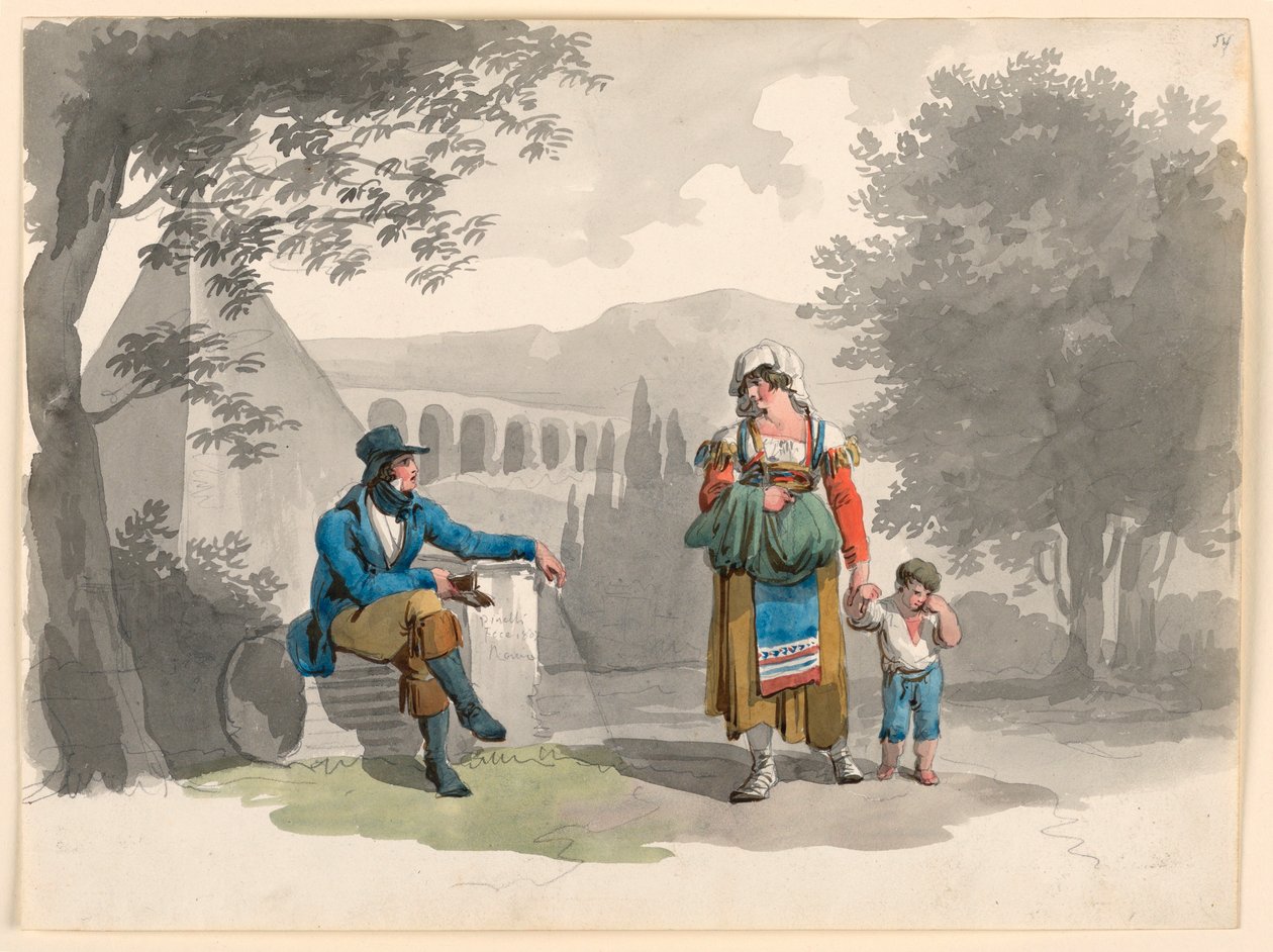 Dessin, une femme tenant un garçon par la main passe devant un homme assis au milieu de ruines dans la Campagne, 1807 - Bartolomeo Pinelli