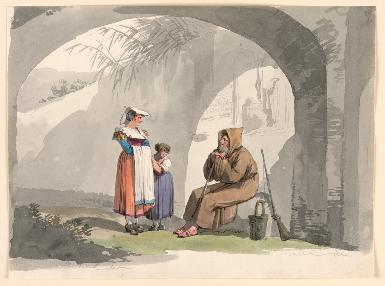 Dessin, Deux filles de Frascati rendent visite à un ermite, 1807 - Bartolomeo Pinelli