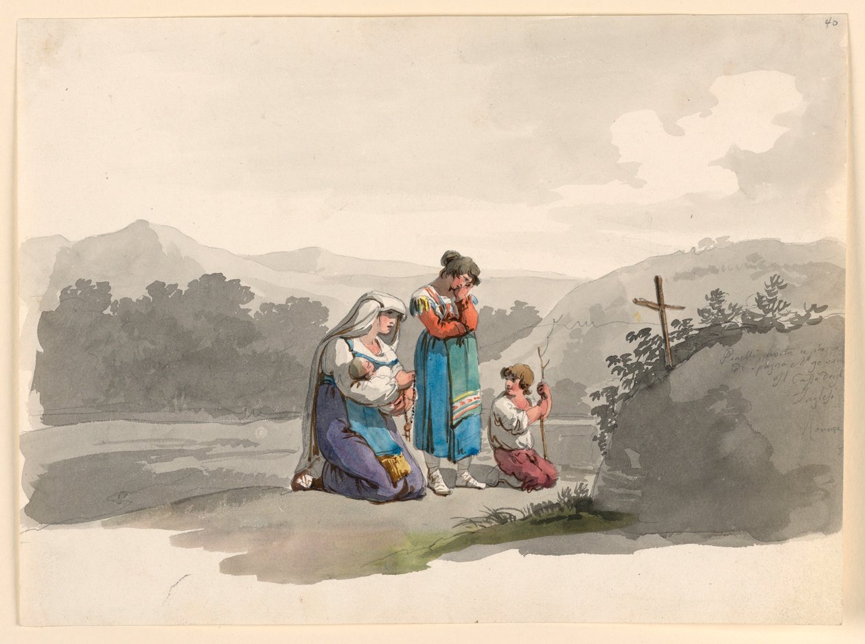 Dessin, Femme avec un bébé priant devant la croix marquant l