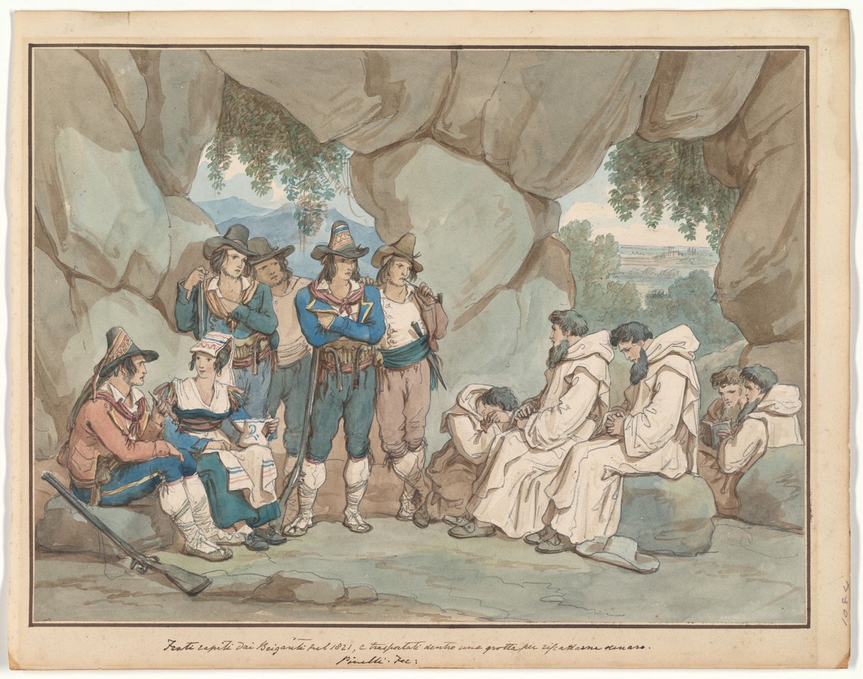 « Frati » capturé par des brigands et détenu dans une grotte, illustration pour Costumes et coutumes romains - Bartolomeo Pinelli
