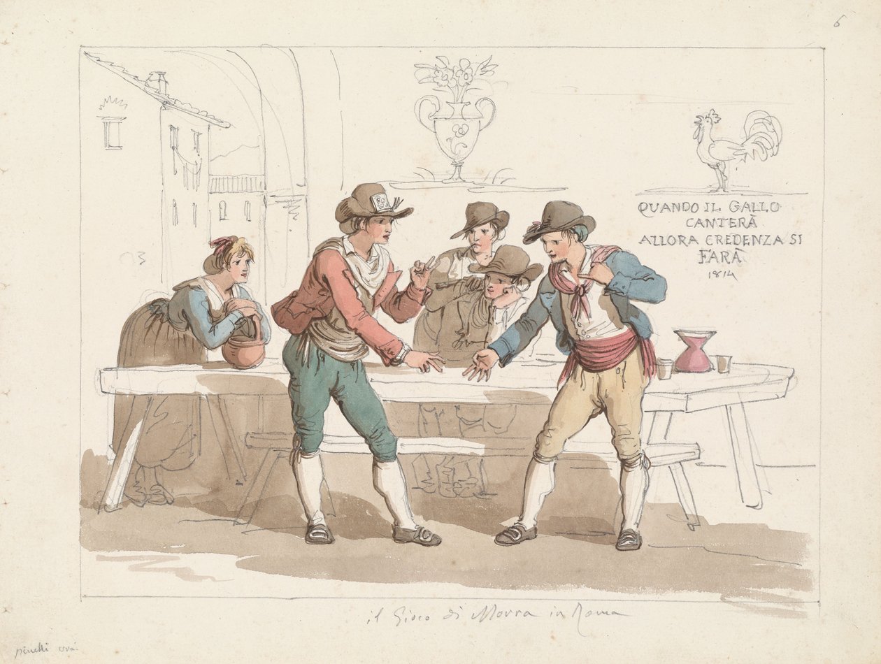 Partie de « Morra » dans une osteria romaine, illustration tirée de l’ouvrage « Costumes et coutumes romaines » - Bartolomeo Pinelli