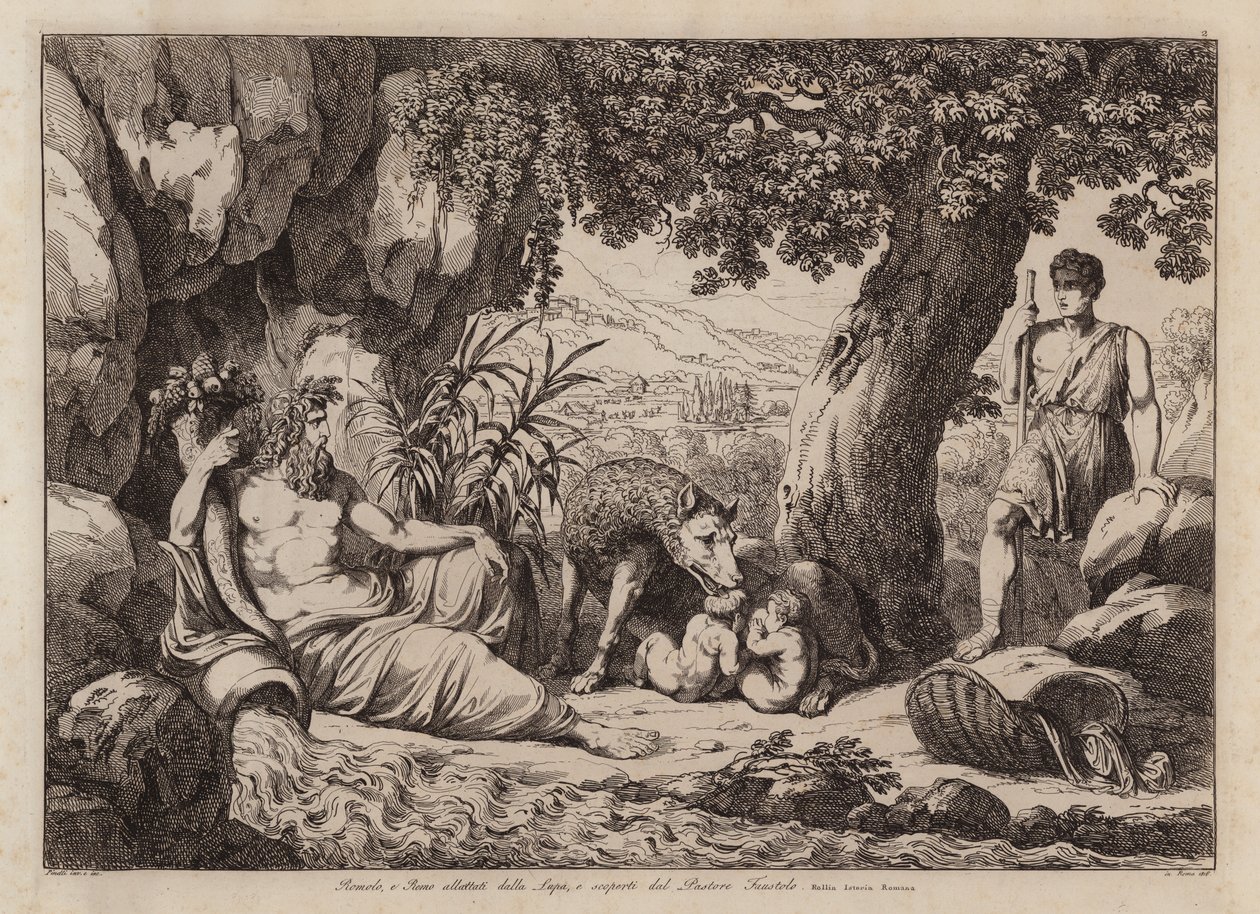 Romulus et Remus allaités par la louve et découverts par le berger Faustulus (gravure) - Bartolomeo Pinelli
