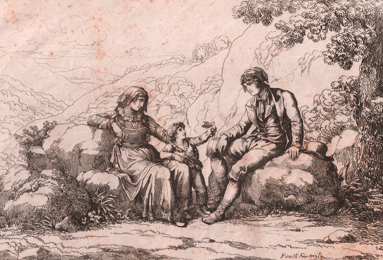 Deux roturiers avec un bébé, Schiavi, Abruzzes, gravure de Bartolomeo Pinelli (Rome) - Bartolomeo Pinelli