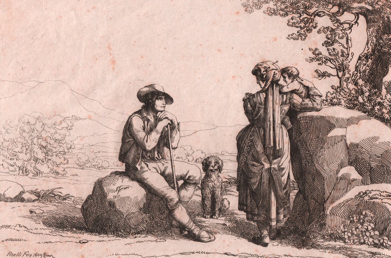 Deux roturiers avec un bébé et un chien à Fraine, Abruzzes, gravure par Bartolomeo Pinelli - Bartolomeo Pinelli