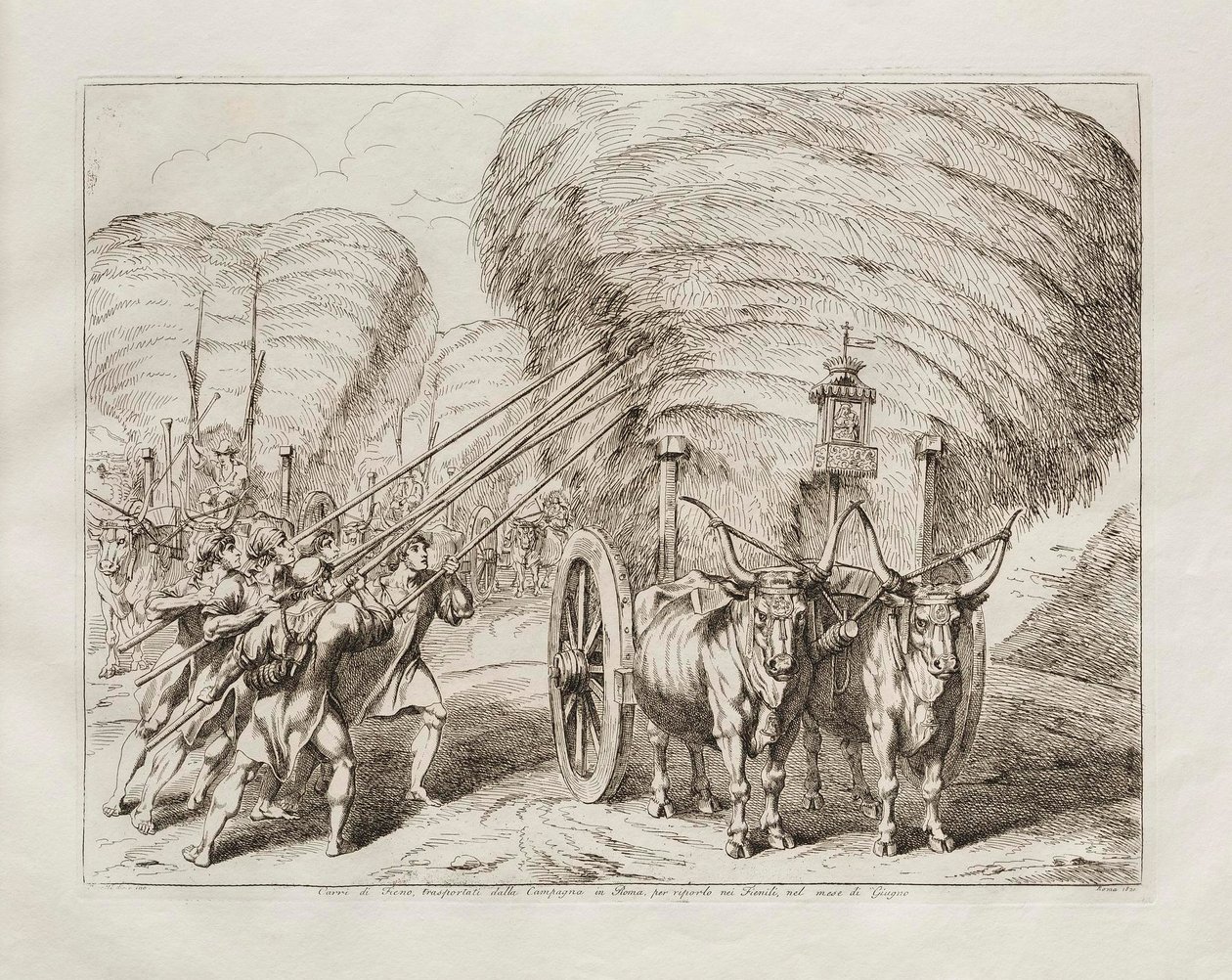Des charrettes chargées de foin, transportées de la campagne à Rome pour être acheminées vers les granges au mois de juin - Bartolomeo Pinelli