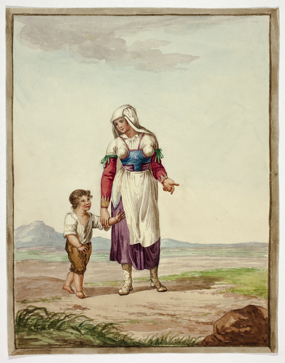 Femme en costume autochtone avec un garçon sur la route - Bartolomeo Pinelli
