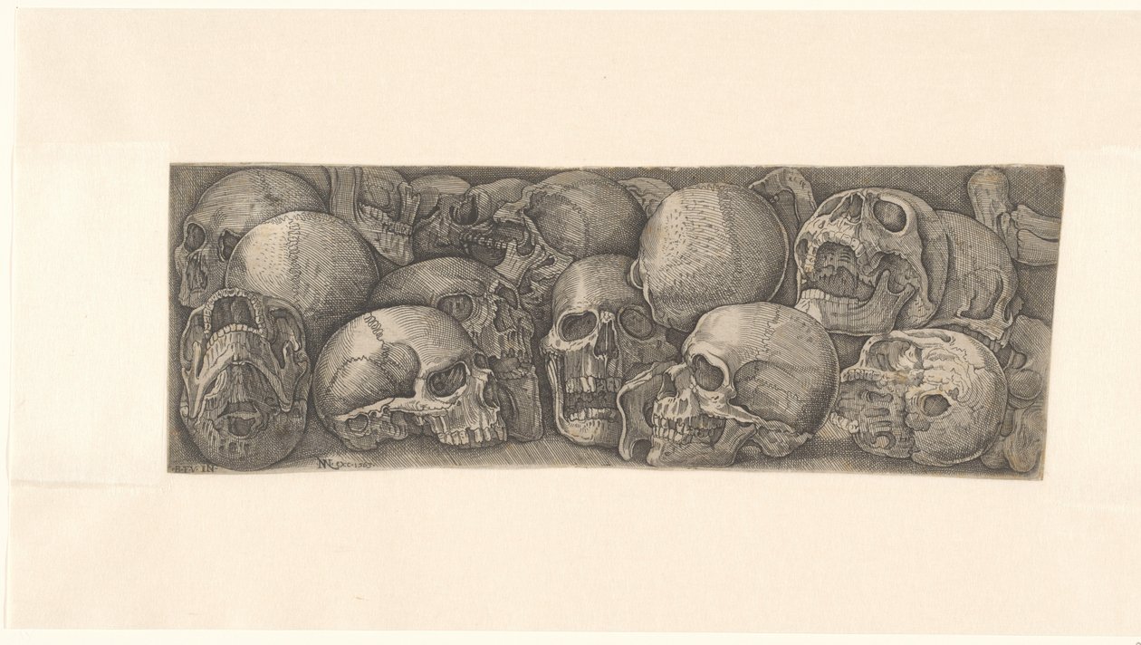 Crânes humains vus sous différents angles et groupés en frise - Battista Franco (attributed to)