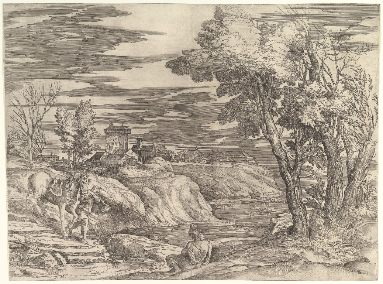 Paysage avec un cavalier et son palefrenier - Battista Franco Veneziano