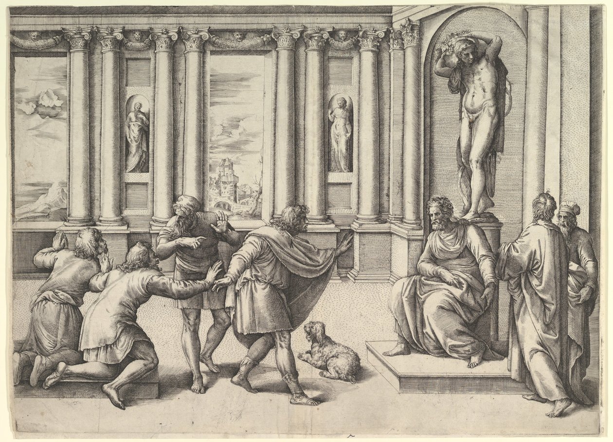 Homme assis sous une statue de Bacchus, recevant une audience, vers 1530-61 - Battista Franco Veneziano