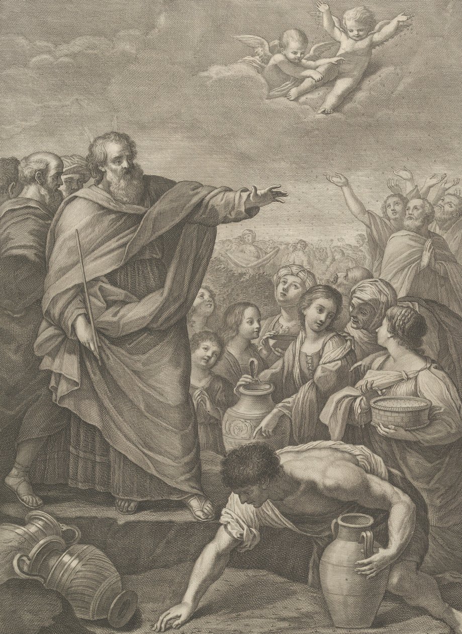 Moïse à gauche avec les Israélites qui ramassent la manne tombée du ciel, deux anges au-dessus - Benedetto Eredi