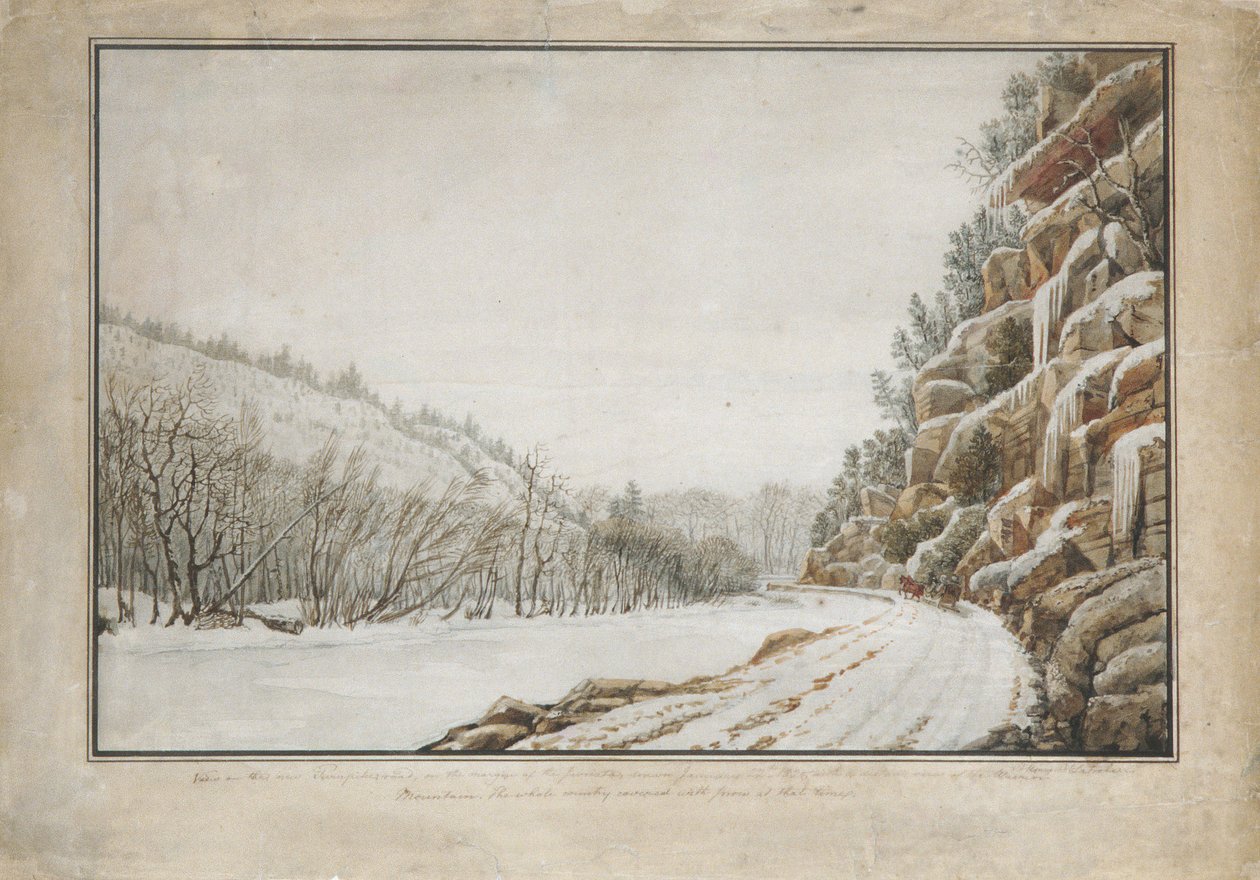 Vue sur la nouvelle route à péage, en bordure de la Juniata, avec une vue lointaine..., 1820 - Benjamin Henry Latrobe