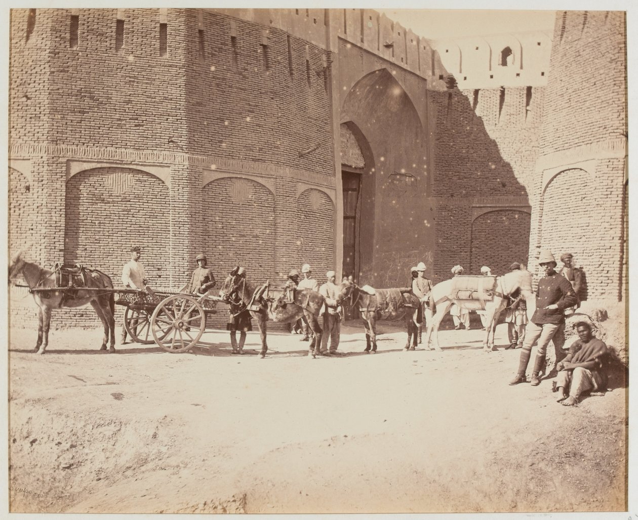Porte Durani, charrette Heyland et mules de bât, montrant les différents types de selles de bât, Kandahar - Benjamin Simpson